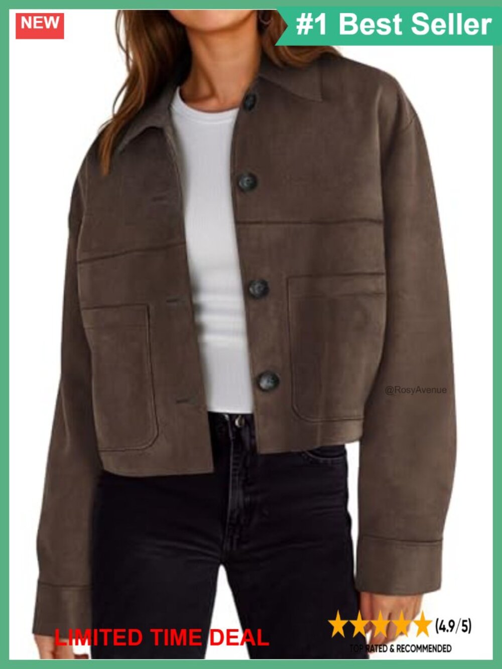 Faux Suede Cropped Jacket Lapel Collar Button Utility Pockets Jacket